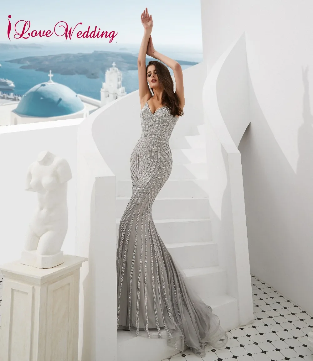 ILoveWedding Vestido de festa 2019 великолепные V образным вырезом Спагетти бретели для нижнего белья серый блестками Русалка Длинные вечерние платья