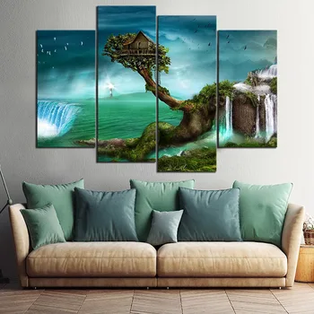 

Modular Framed Picture HD Canvas Poster 4 Piece Forest House Waterfall Wall Painting Modern Home Decor Gifts Scenery Art Printed