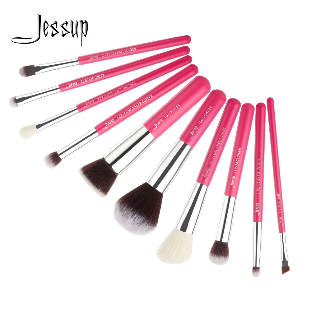 Jessup Brushes 10pcs Rose carmine/Silver Pro Makeup Brushes Set Makeup