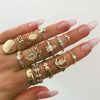 

15 Pcs/Set Boho Women Cross Heart Palm Leaves Flowers Star Round Gold Ring Fashion Party Gem Crystal Ring Set Jewelry Gift