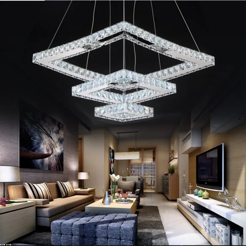 

Square K9 Crystal Chandelier 200mm+300mm+400mm LED Silver / Led Lustre Light/container Fixture Modern LED Droplight