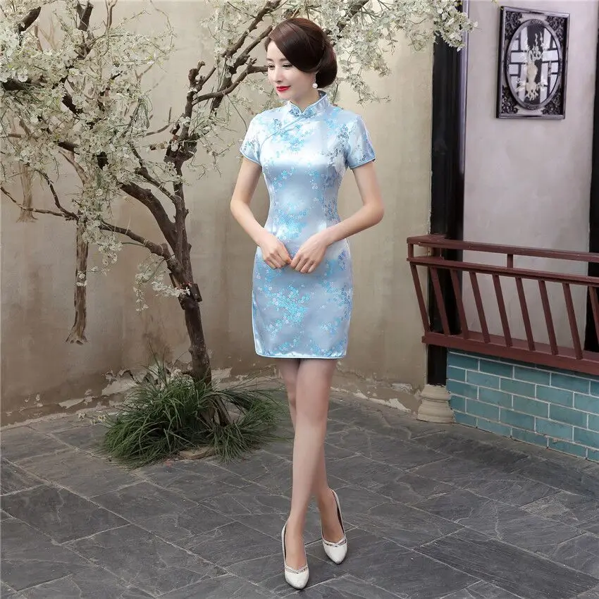 Бургундское традиционное платье в китайском стиле женское s m ini Cheongsam Qipao Vestido размера плюс S m L XL XXL XXXL 4XL 5XL 6XL J3086 - Цвет: Light Blue