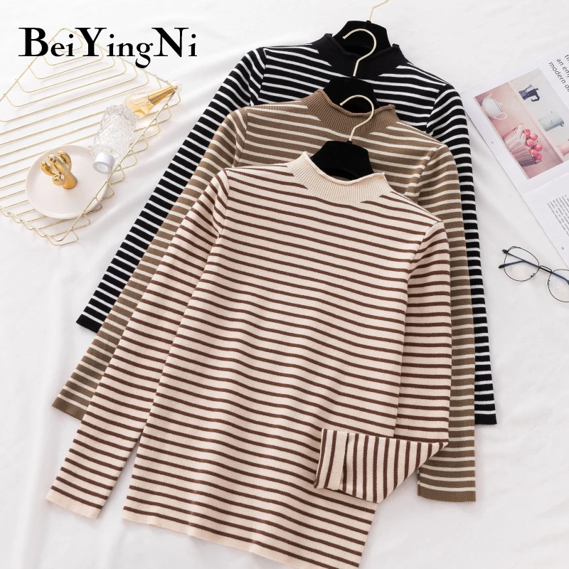 

Beiyingni Korean Stripe Female Sweaters Autumn Full Sleeve Women Sweater Loose Retro Basic Hiver Truien Dames Knitted Tops Mujer