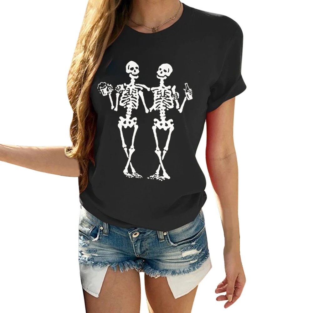 

Women Fashion Graphic Tees Women Polyester Casual Summer Tees & Tops Black Harajuku Skull Sister Drink Bear Kawaii Tee Shirts