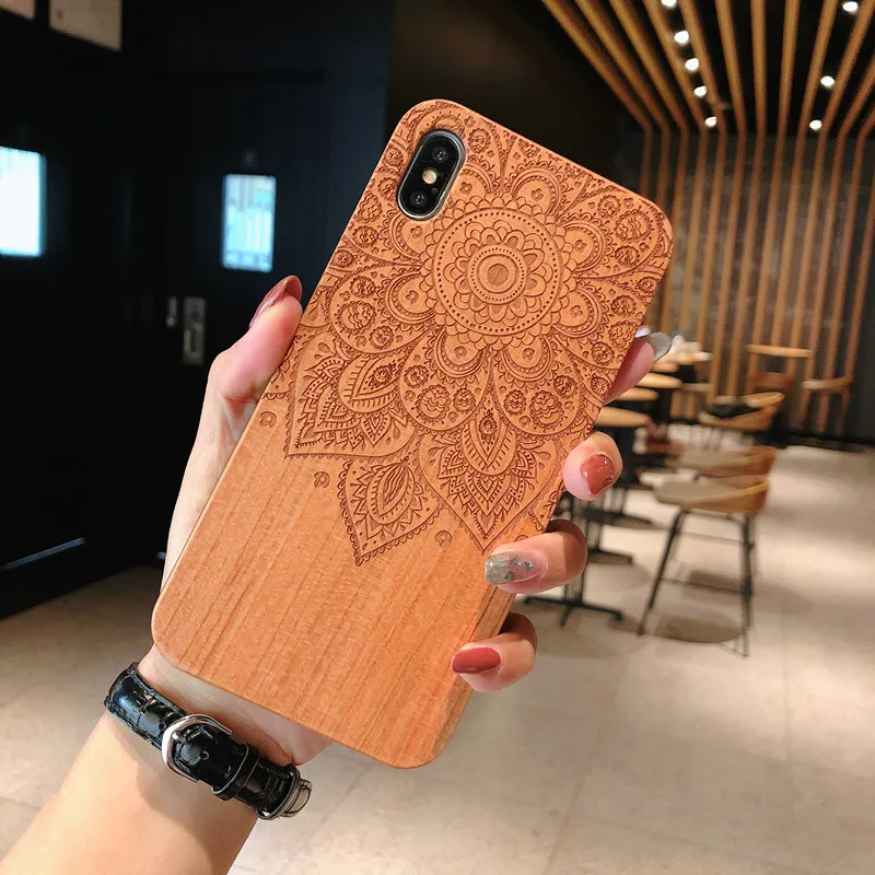 

Solid Wooden Carved Pattern Mobile Phone Back Shell TPU Wood Cover Phone Case for iPhone 6 6s 6P 6sP 7 7P 8 8P X XS XR XSMax