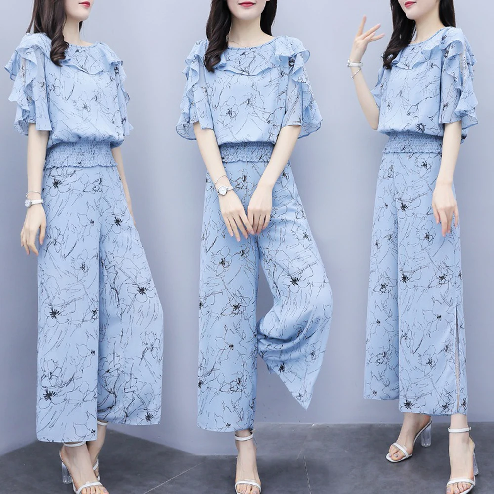 

Summer new style chiffon floral top + wide leg pants pantyhose fashion casual suit Chiffon casual suit