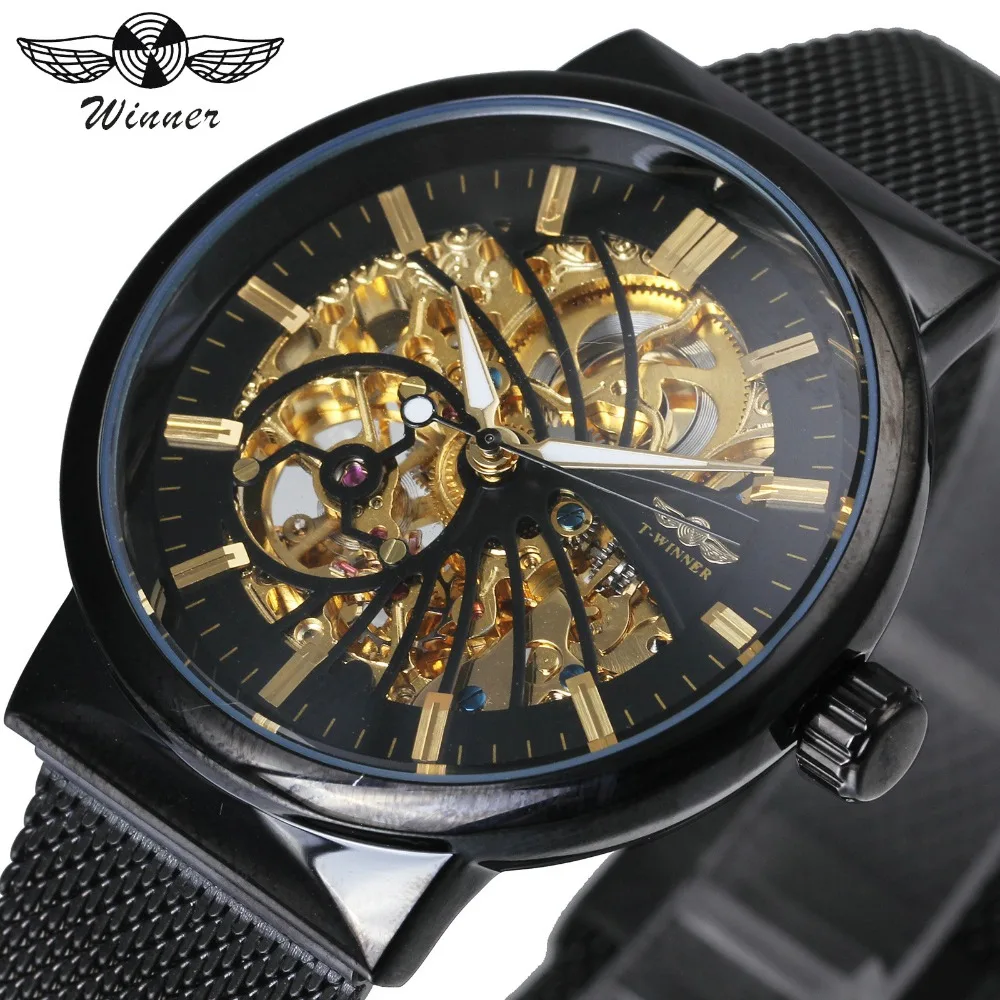 

WINNER Urban Modern Ultra Thin Black Men Auto Mechanical Clock Skeleton Dial Bird Pattern Mesh Strap Fashion T-WINNER Watch