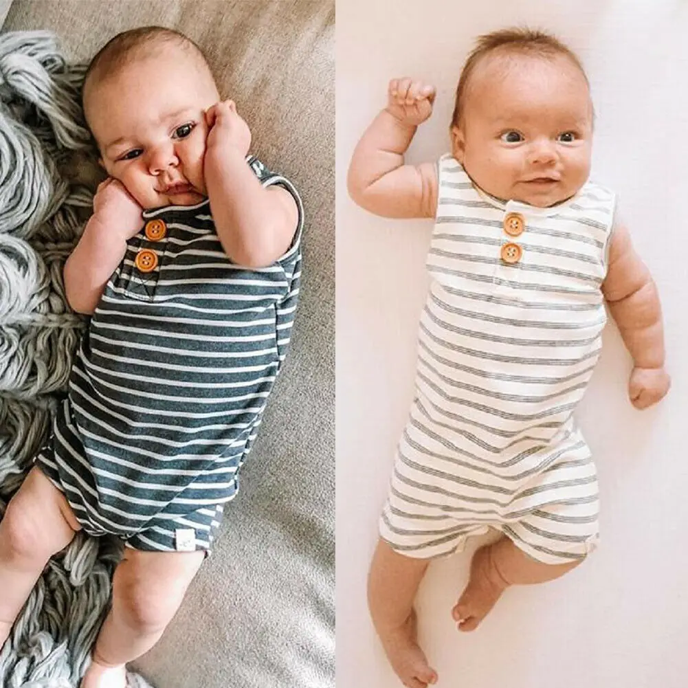 

0-24 New Newborn Baby Boy Girl Sleeveless Striped Romper Button Down Cotton Playsuit Jumpsuits Summer Outfits