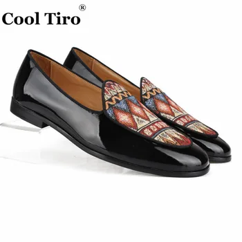 

Cool Tiro Black patent leather Loafers Jacquard Canvas Men Slippers Moccasins Man Flats Casual Shoes Handmade Men's Dress Shoes