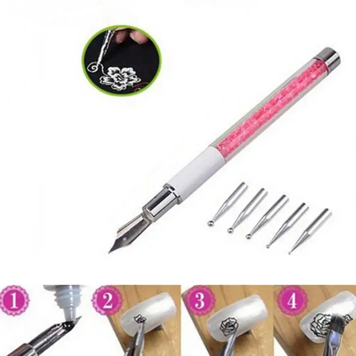 Nail Art Pen Brush 5 расставить голова перо Живопись Рисунок Маникюр Инструмент Украшенные стразами металлическими наконечниками для женские ногти Art инструмент