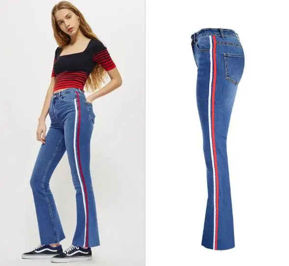 Для женщин Slim Fit Высокая Талия джинсовые штаны со вставками в полоску расклешенные джинсы женская мода Повседневное стрейч длинные