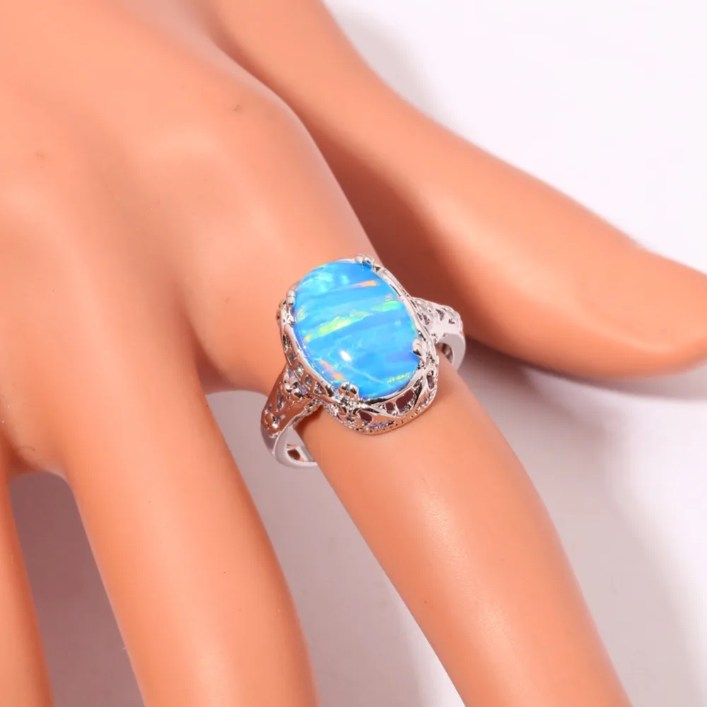 CiNily Created Rainbow Blue Fire Opal Silver Plated Wholesale Hot Sell for Women Jewelry Party Ring Size 7 8 9 OJ5703-04