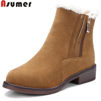 

ASUMER big size 34-43 fashion winter boots round toe zip flock ankle boots for women low square heel keep warm ladies boots
