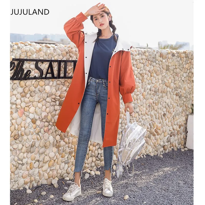 JUJULAND woman trench two side can wear solid hooded long casual coat Waterproof coat botton Elastic waist coat 2018 autumn JUJULAND woman trench two side can wear solid hooded long casual coat Waterproof coat botton Elastic waist coat 2018 autumn
