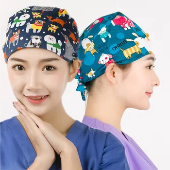 

Cartoon Print Surgical Scrub Cap Medical Hat Hospital Doctor Work Hats for Women and Men 100% Cotton Tieback Beautician Caps