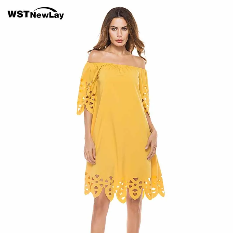 

Summer Women Off Shoulder White Dresses Slash Neck Beach party Sexy Dress Hollow out Polyester Candy Color Sundress Vestido