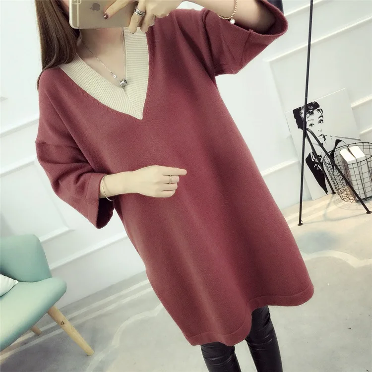 

KINE PANDA Knitting Pregnant Woman Clothes Maternity Dresses Contrast Color V-neck One Size Loose Pregnancy Dress All Match