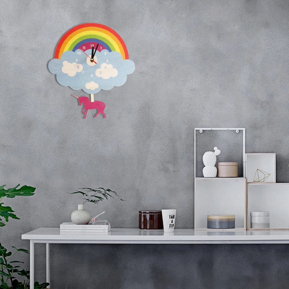 Радуга облако Единорог настенные часы с плавающим единорогом маятник Креативный