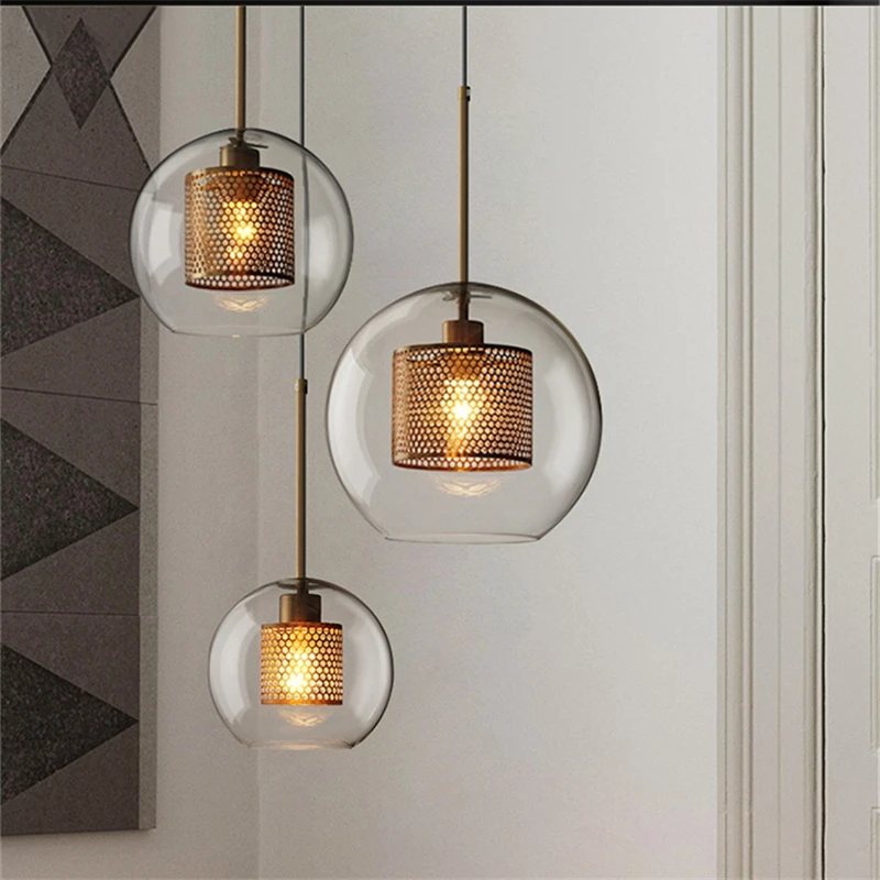 

Loft Industrial Retro Pendant Lights Metallic Grid Glass Ball Hanging Lamp Living Room Modern Home Decor Suspension Luminaria