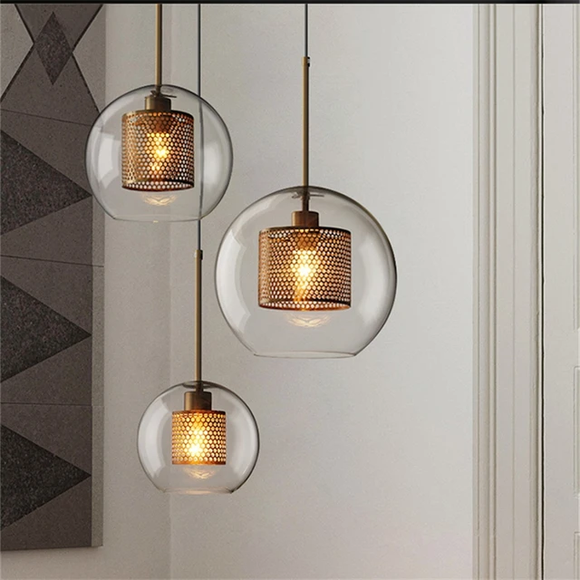 Plafonnier chambre à coucher lampe boule, treillis métallique bois