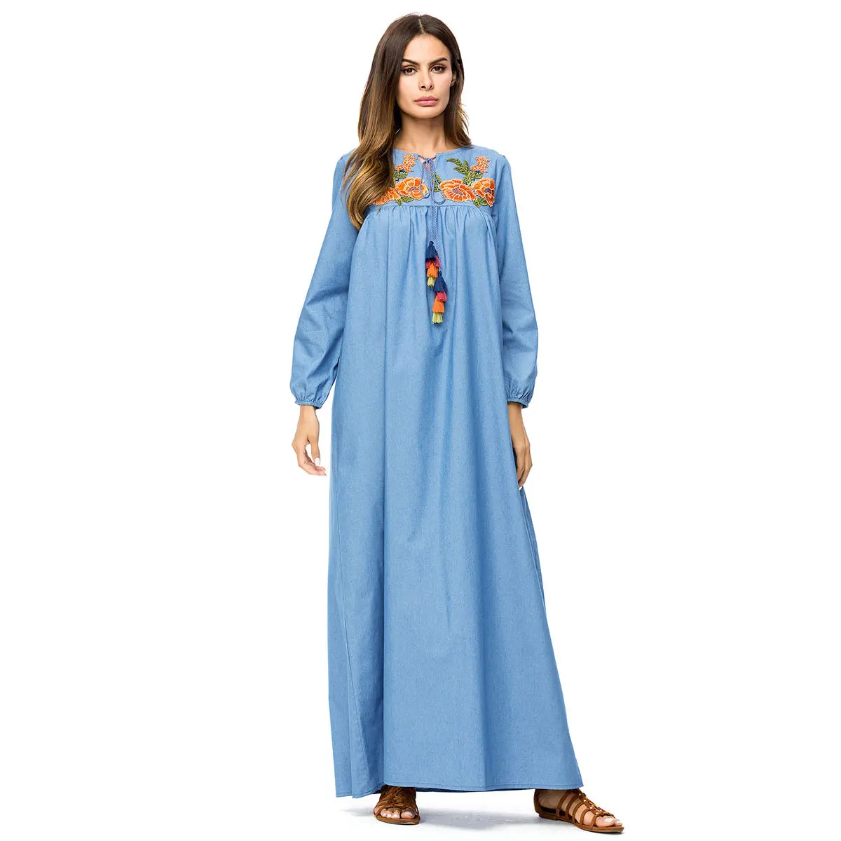

2019 autumn Denim floral embroidery maxi dress drawstring collar long swing muslim abaya arabic dubai thobe oversized VKDR1350