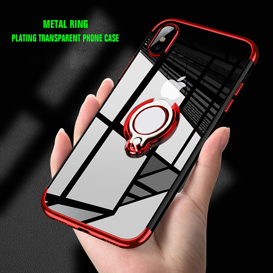 

For iPhone X 6 6S 7 8 plus XR XS XS Max 5 5S SE Transparent Silicone Electroplating Metal Ring Stand Phone Case Soft TPU Cover