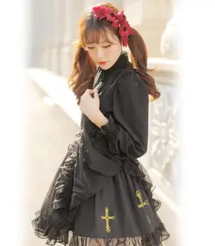 

Japanese Harakuku Gothic Style Cross Pattern Printed Chiffon Ruffled Black Tutu Skirt for Girl