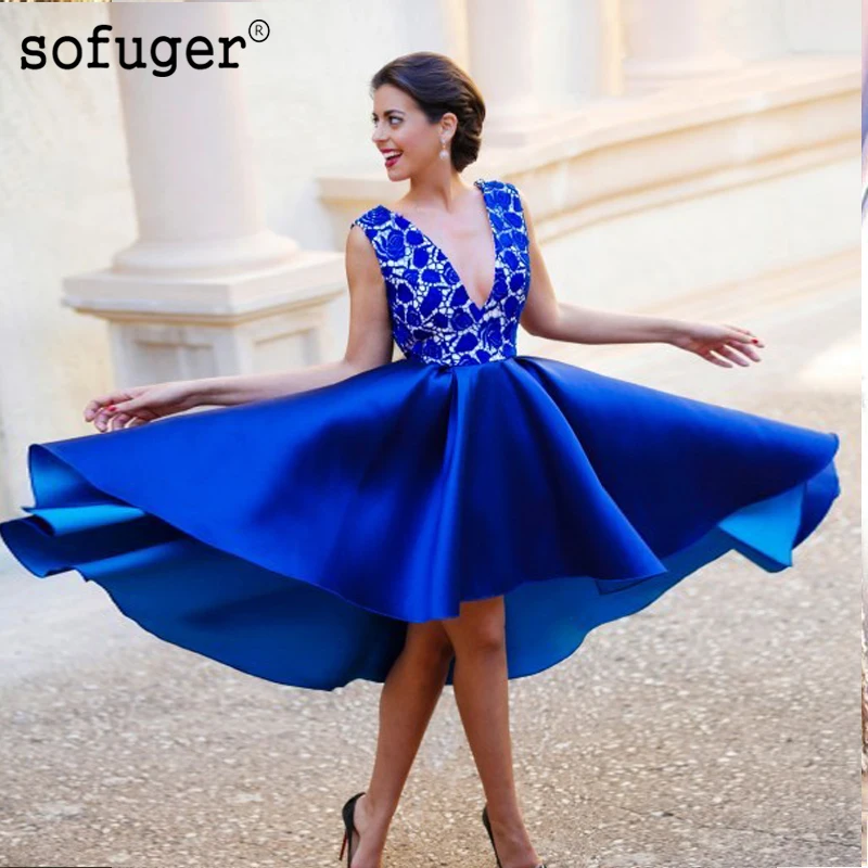 Королевский синий элегантные коктейльные платья с v-образным вырезом длиной до колен кружевные вечерние платья с открытой спиной больших размеров