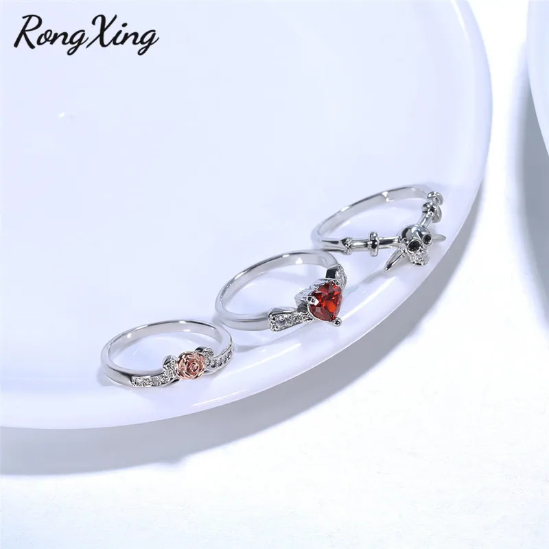 RongXing 3 шт./компл. винтажный Череп Панк сердце, кубический циркон кольцо наборы для ухода за кожей для Для женщин 925 серебро цветок из розового золота хэллоуинские кольца