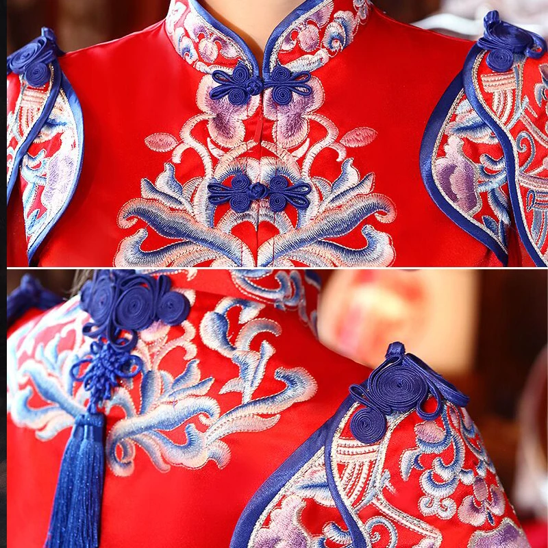 Красные свадебные туфли в китайском стиле Стиль традиционный ченсам женские длинные Qipao Вышивка Для женщин вечернее платье одежда Размеры