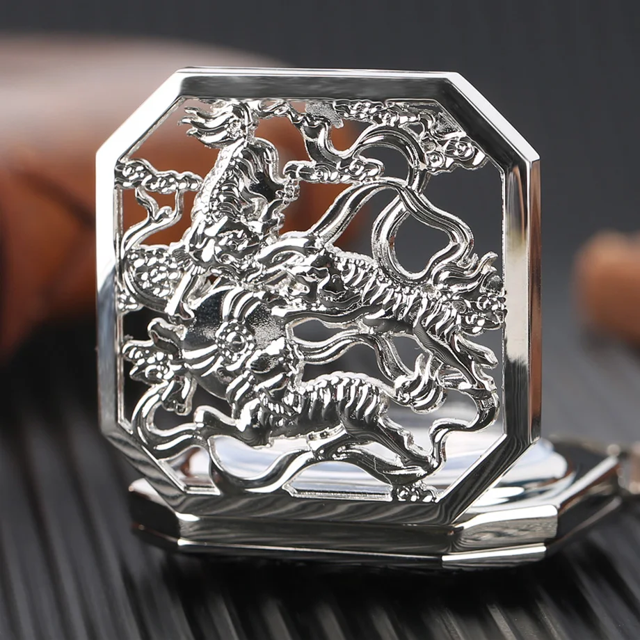 Luxury Silver Half Hunter Mechanical Pocket Watch Irregular Double Tiger Hand Wind Watches Men Women Top Gift For Xmas Birthday (11)