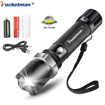 

XML T6 Tactical LED Flashlight 5000LM Zoomable LED Torch Rechargeable Lanterna Waterproof Flashlight with 5 Modes 18650 Battery