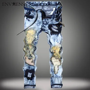 

2017 brand personality popular clothing style hole patch jeans autumn winter fashion men straight beggar denim trousers blue