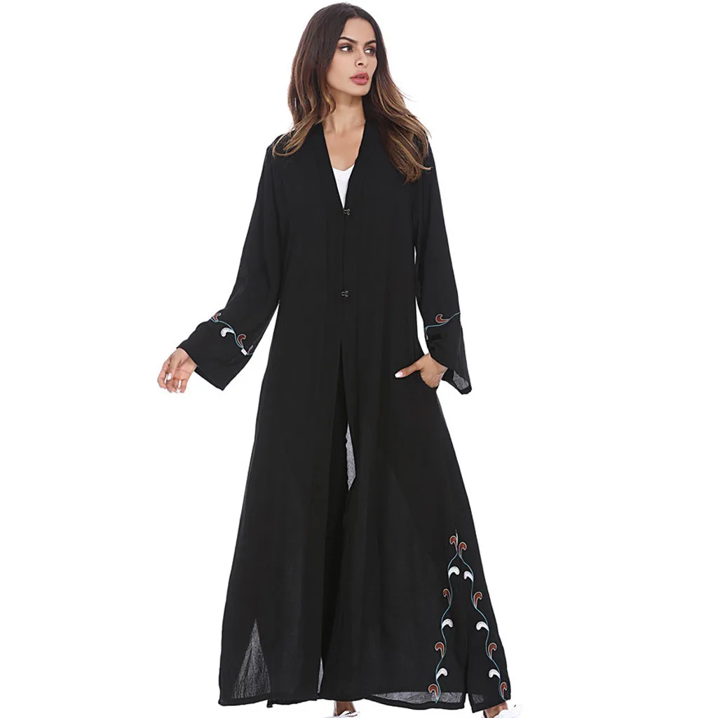 

1PC Fashion Muslim Dress Women's Solid Color Embroidered Long Sleeve Maxi Dress Robe Muslim Dress Burqa Dropship Apr4
