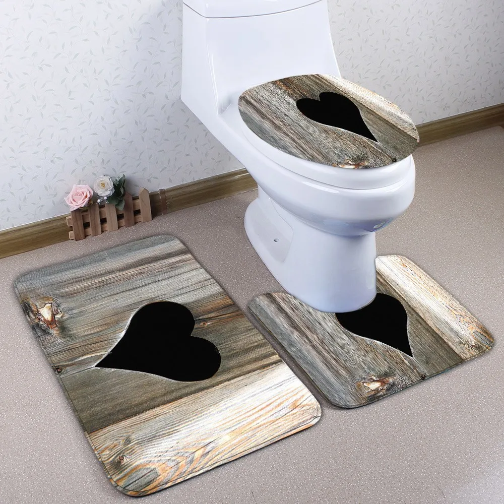 

3pcs Set Toilet Bath Mats Wood Grain Toilet Cover Rug Non-Slip Absorbent Bathroom Floor Mat Flannel Toilet Rug Bathroom Mat Set