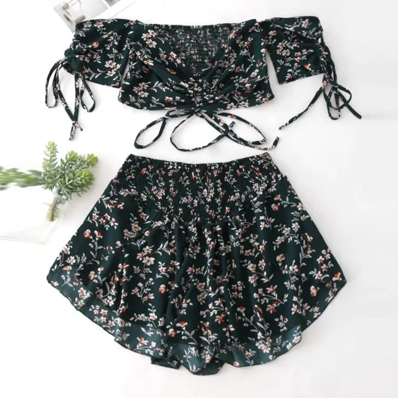 

Women Off Shoulder Cinched Floral Crop Top Slash Neck Short Sleeves High Waist Shorts Set