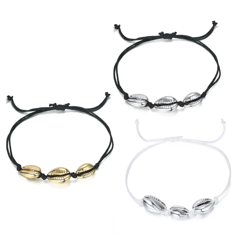 

1PC Gold Silver Color Shell Black Rope Bracelet Handmade Women Simple Seashell Weaving Rope Adjustable Bracelet Jewelry B105