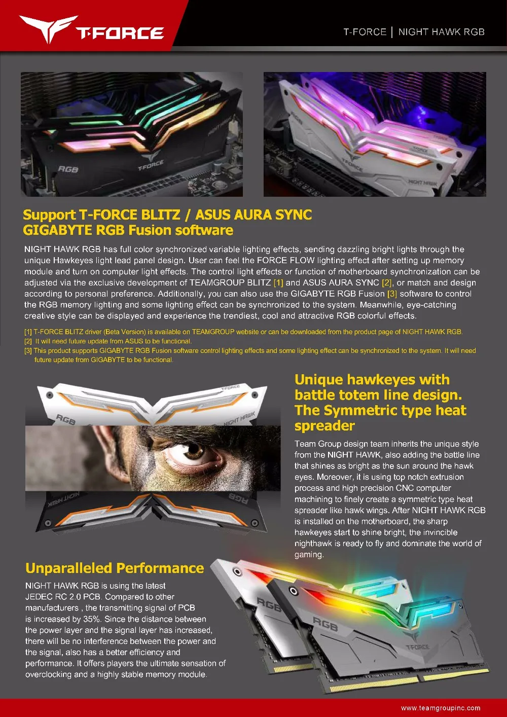 Командная группа NIGHT HAWK RGB DDR4 настольная память 8G 3000MHz игровой компьютер RAMs 288 pins CL16 светодиодный Gaming RAMs