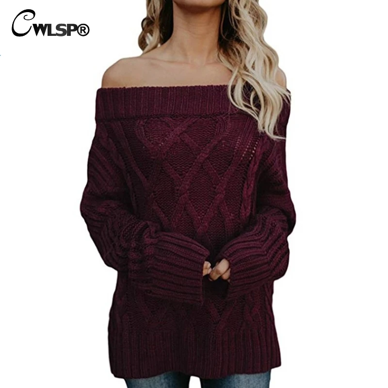 CWLSP 2018 Autumn Slash Neck Sweater For Women Keep Warm Knit Cross Long Pullover 3 Color Coat Pull Femme Loose Cloth QZ3093