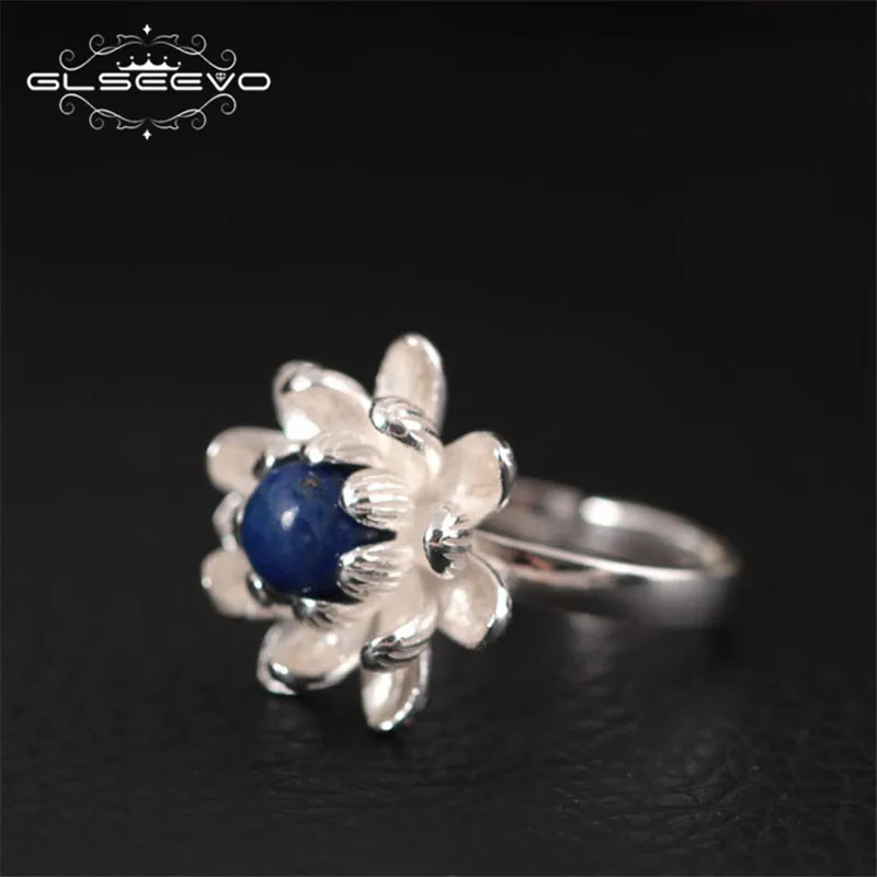 

GLSEEVO New Original Design 925 Sterling Silver Natural Lapis Lazuli Ring Flower Adjustable Women's Rings Fine Jewelry GR0181B