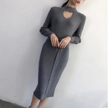 

Winter Sexy Tunic Maxi Dress Women V-neck Long Autumn Knitting Sweater Dress Slim Warm Long Sleeve Basic Sweater LM041