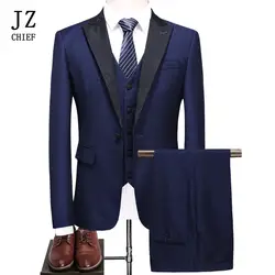 JZ CHIEF Высокое качество Мужские костюмы Жених смокинг Свадебный костюм шаль лацкан печати Блейзер жилет с брюками 3 шт. темно-синий костюм