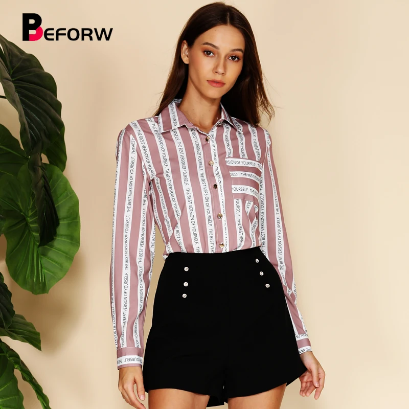 Skup BEFOEW 2019 moda damska skręcić w dół kołnierz bluzka koszula Streetwear list nadruk w paski bluzki z długim rękawem topy koszule na co dzień