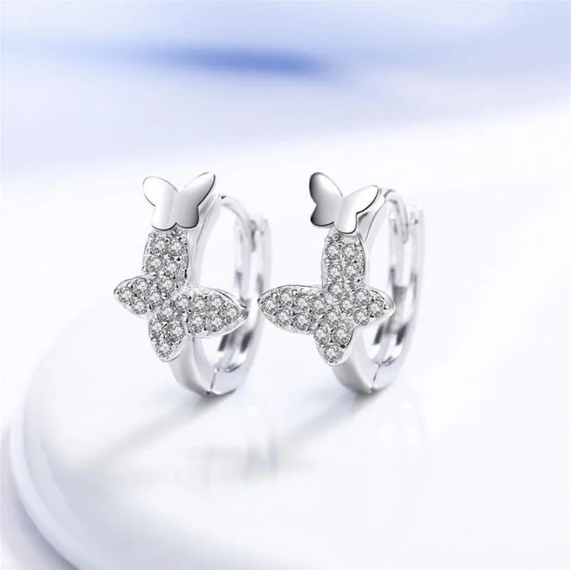 

Fashion 925 Silver Double Butterfly Zircon Small Hoop Earring For Baby Girls Cute Animal Loop Huggies Earring Jewelry EH045