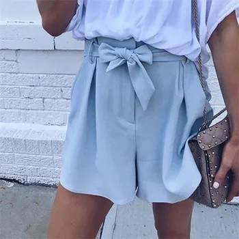 

Summer fashion shorts women high waisted bandage bowknot belted wide leg casual shorts 2018 hot sell ladies plaid solid Shorts