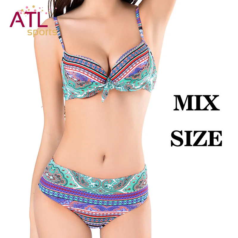 2016 New Bohemia Bikini Set Mid Waist Beachwear Women Indoor Swimsuit Ladies Bathing Suit Retro Swimwear