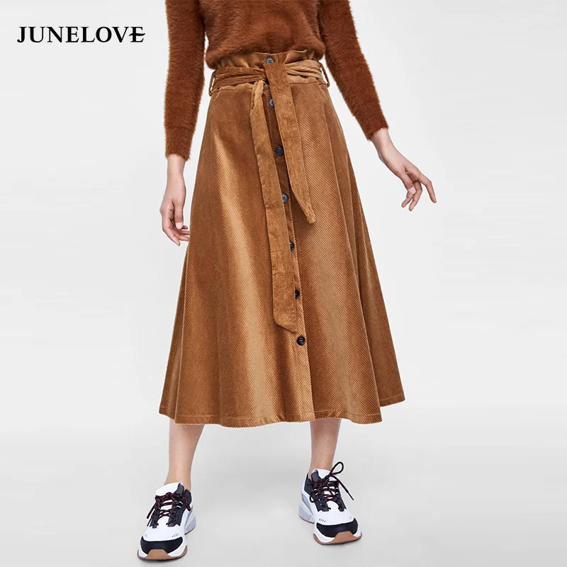 

JuneLove Women Winter Corduroy Skirts High Waist Female Retro Sashes Maxi Skirts Vintage Casual Belt Lady Single Breasted Skirts