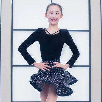 

Latin Dance Dress Black Hounds-Tooth Cha Cha Samba Rumba Practice Dresses Girls Long Sleeve Kids Ballroom Dancing Wear DC1099
