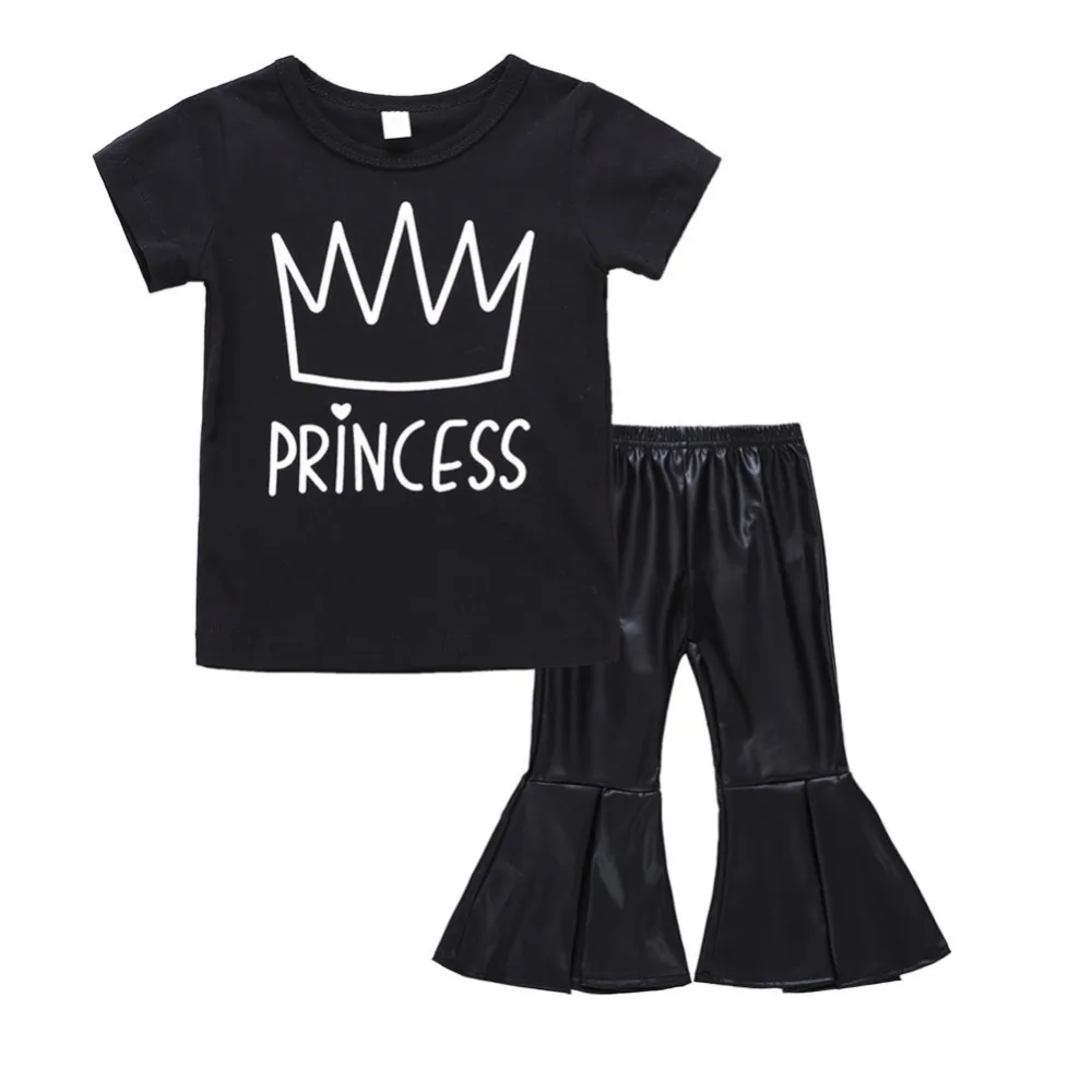 

Summer Children Clothing Set Black Short Sleeved Pattern Letter Printed T shirt + Fashion PU Wide Leg Pants Two Piece Set