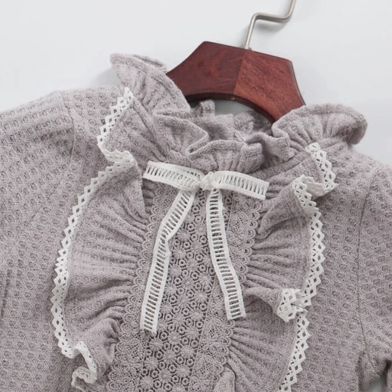 Girl Lace Shirt Autumn Spring Long Sleeved Gray/White Cotton Shirt Wedding Party Prom
